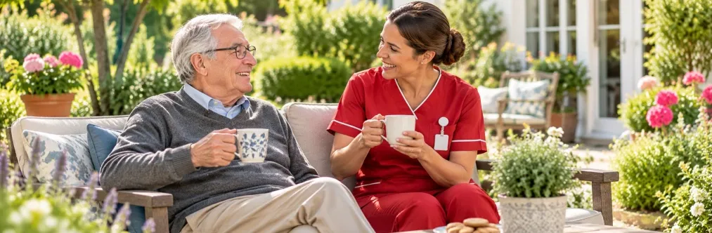 Carer and client sharing a drink on a patio