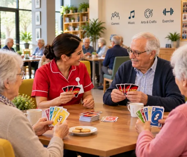 Carer and clients playing cards at a table