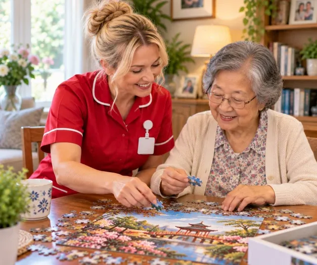 Carer and client completing a jigsaw puzzle together