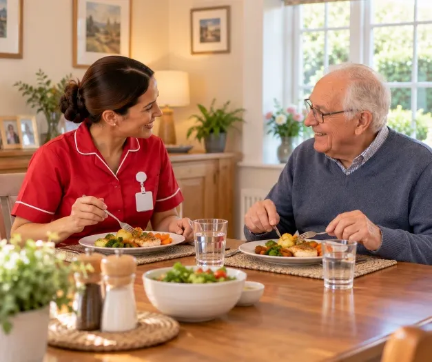 Carer and client sharing a meal at the dining table