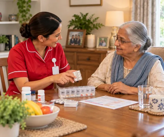 Carer and client reviewing a weekly pill organiser