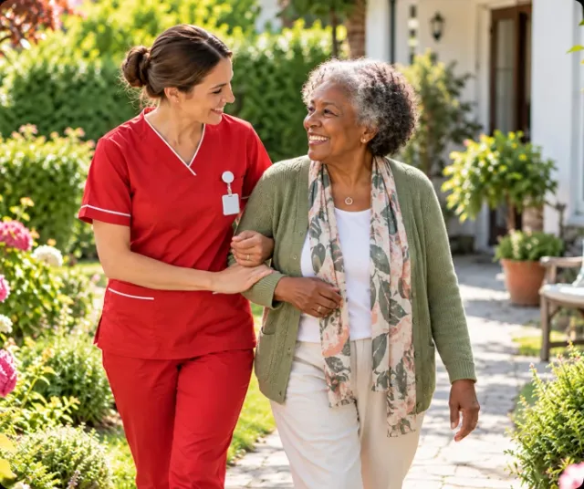 Carer walking outdoors with a client