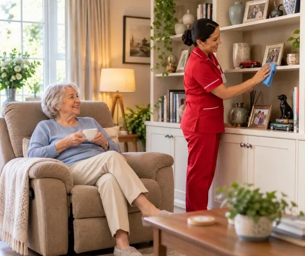 Carer dusting while a client relaxes in a chair