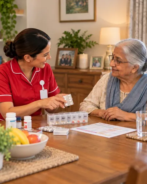 Carer supporting a client with medication at a table