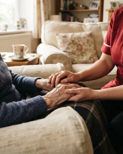 Carer holding a client’s hands in reassurance