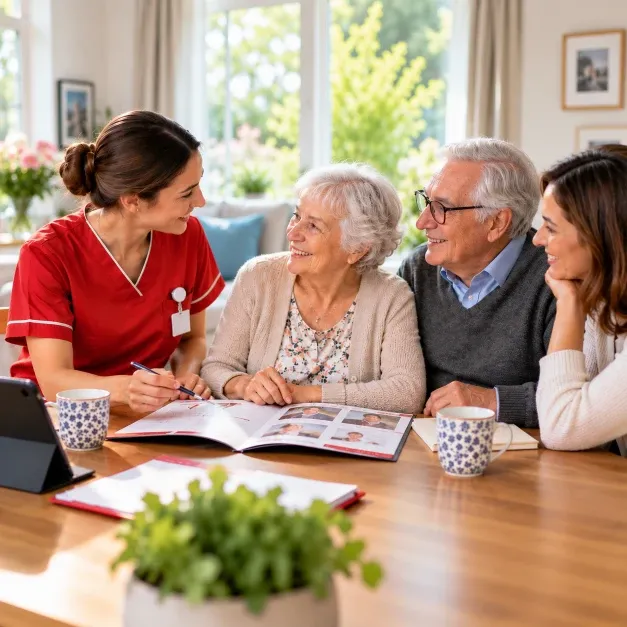 Carer looking through a photo album with an elderly couple